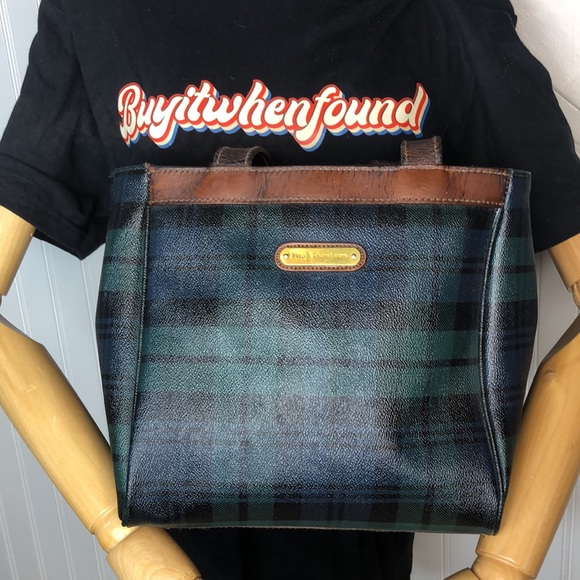 W RALPH LAUREN Black Watch Plaid Coated Canvas & Leather Shoulder Tote Bag - Picture 3 of 17